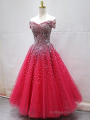 Off the Shoulder Red Long Prom Gown, Off the Shoulder Red Beaded Formal Evening Dresses