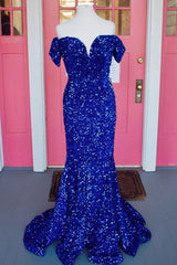 Off the Shoulder Royal Blue Sequins Mermaid Long Formal Dresses,Prom Dresses