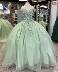 Off The Shoulder Sage Green Ball Gown With Flowers Sweet 16 Dresses Quinceanera