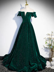 Off the Shoulder Shiny Green Black Long Prom Dresses, Green Black Long Formal Evening Dresses