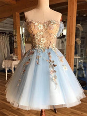 Off the Shoulder Short Blue Lace Floral Prom Dresses, Short Blue Lace Graduation Homecoming Dresses