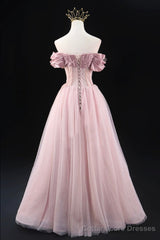 Off the Shoulder Sweetheart Beaded Tulle Long Prom Dress, A-Line Pink Evening Dress