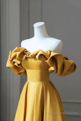 Off the Shoulder Yellow Satin Long Prom Dresses, Off Shoulder Yellow Long Formal Evening Dresses