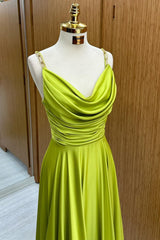 Olive Green Cowl Neck Chain Strap A-Line Long Prom Dresses