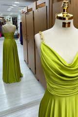 Olive Green Cowl Neck Chain Strap A-Line Long Prom Dresses