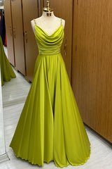 Olive Green Cowl Neck Chain Strap A-Line Long Prom Dresses