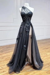 One Shoulder Black Lace Prom Dresses, One Shoulder Black Lace Formal Evening Dresses