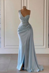 One shoulder blue prom dress in mermaid pleats