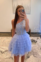 One-Shoulder Lavender Lace Ruffle Tiered Short Homecoming Dresses