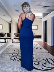 One Shoulder Long Prom Royal Blue Backless Dress with Slit