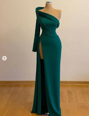 One Shoulder Long Sleeves Evening Gowns With Slit Formal Occasion Pageant Dresses