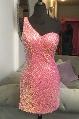 One Shoulder Pink Sequin Bodycon Homecoming Dresses