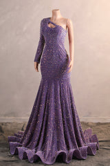 One Shoulder Purple Prom Dresses Sequin Mermaid Long Evening Formal Dresses