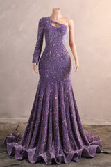 One Shoulder Purple Prom Dresses Sequin Mermaid Long Evening Formal Dresses