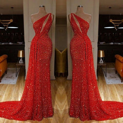 One Shoulder Red Prom Dresses Sequins Long On Sale