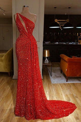 One Shoulder Red Prom Dresses Sequins Long On Sale