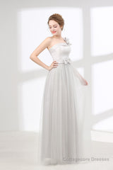 One Shoulder Soft Gray Floor Length Prom Dresses