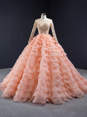 Orange Ball Gown Tulle Tiers Long Sleeve Appliques Prom Dresses