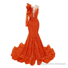 Orange Mermaid One Sleeve Prom Dresses Sequined Lace Jewel Ruffles Evening Party Dress with Appliques