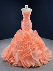 Orange Mermaid Tulle Sweetheart Pleats Prom Dresses