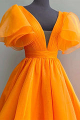 Orange Plunge V Ruffled Sleeve A-Line Long Formal Dresses