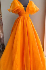 Orange Plunge V Ruffled Sleeve A-Line Long Formal Dresses