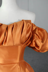 Orange Satin A-Line Floor Length Prom Dress, Off the Shoulder Evening Party Dress