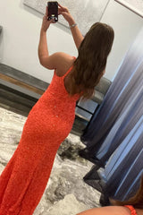 orange sparkly mermaid v neck sequins long prom dress