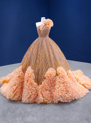 Orange Tulle Ball Gown One Shoulder Sequins Beading Prom Dresses