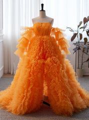 Orange Tulle  Strapless Pleats Prom Dress