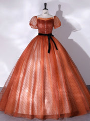 Orange Tulle Off the Shoulder Puff Sleeve Quinceanera Dresses