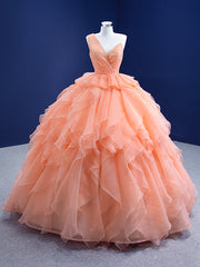 Orange Tulle One Shoulder Pleats Beading Prom Dresses