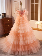 Orange Tulle Spaghetti Straps Tiers Prom Dresses