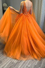 Orange V-Neck Tulle Lace Long Prom Dress, A-Line Backless Evening Dress