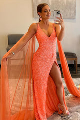 orange watteau train sequins long prom dress