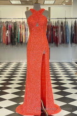 Cross Front Hot Pink Sequins Mermaid Long Formal Dress