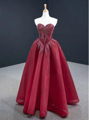 Order Your Ideal Sexy Burgundy Tulle Sweetheart Beading Long Prom Dresses