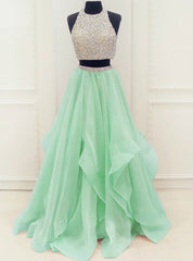 Organza Ruffles Two Piece Beading Sequins Prom Dresses