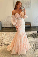 Peach Sweetheart Sheer Lace Corset Mermaid Prom Dresses