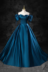 Peacock Blue Long Satin Prom Dresses, Peacock Blue Long Satin Formal Evening Dresses