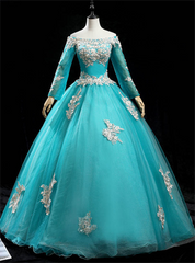 Peacock Blue Tulle Off the Shoulder Long Sleeve Appliques Quinceanera Dresses