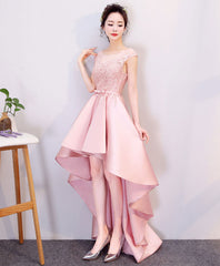 Pink High Low Lace Prom Dress, Pink Formal Bridesmaid Dress