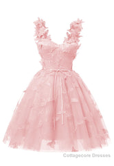 Pink 3D Butterfly Lace Applique Tulle Homecoming Dress for Teens Sweetheart Mini Short Prom Dresses