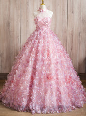 Pink 3D Flower Halter Quinceanera Dresses