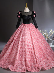 Pink 3D Rose Flower Long Sleeve Quinceanera Dresses