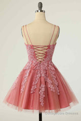 Pink A-line Double Straps V Neck Lace-Up Applique Mini Homecoming Dress