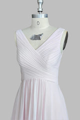 Pink A-Line Pleated V Neck Long Chiffon Bridesmaid Dresses