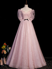 Pink A Line Puffy Sleeves Tulle Long Prom Dress, Pink Sweet 16 Dress