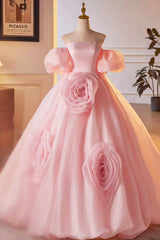 Pink A-Line Sweetheart Ball Gown Formal Dresses with Flowers, Off the Shoulder Evening Party Dresses