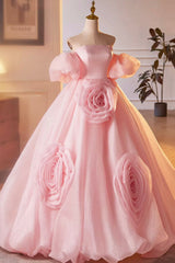 Pink A-Line Sweetheart Ball Gown Formal Dresses with Flowers, Off the Shoulder Evening Party Dresses